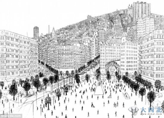 法国自闭症画家贾尔斯-特莱希恩描绘的假想城市乌维尔的一座广场 法国自闭症画家贾尔斯-特莱希恩描绘的假想城市乌维尔的一座广场