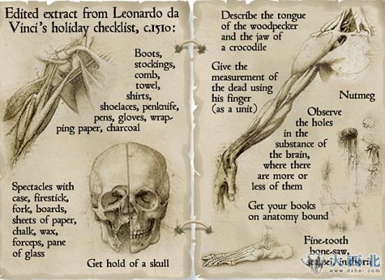 达芬奇1510年前后写下的任务清单，提醒自己带上头骨和解剖刀
