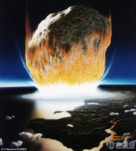 第二次物种灭绝：一位艺术家的构想图展示了这颗直径6英里(约合9.6公里)小行星猛撞到地球上的情景。科学家称，这杀死地面上的大部分生物。